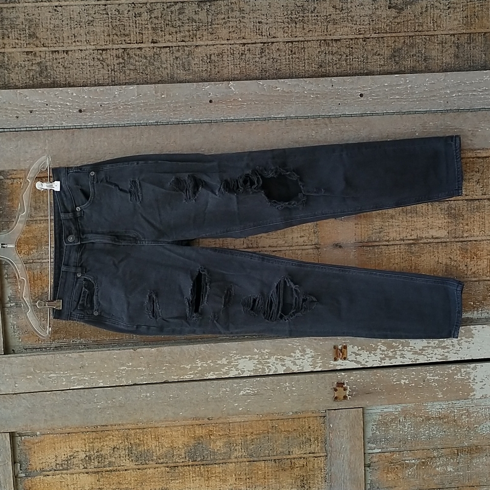 American eagle mom jean dark gray high rise distressed jeans sz 2